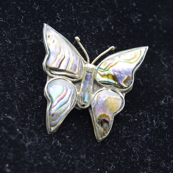 Vintage Alpaca Mexico Silver Tone and Abalone Butterfly Brooch - Picture 3 of 9
